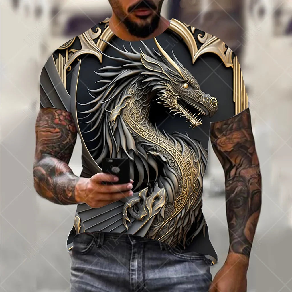 Men's Oversized 3D Printed Dragon T-Shirt - Casual Streetwear