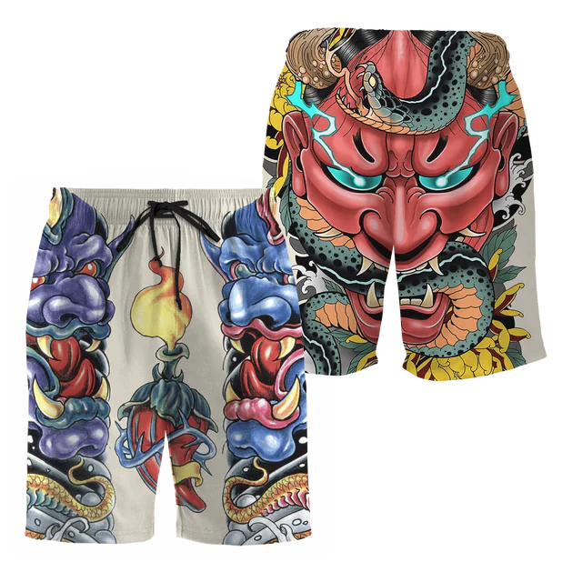 3D Samurai and Dragon Tattoo All Over Printed Shorts