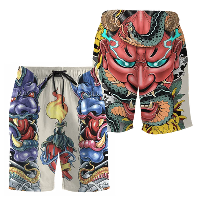 3D Samurai and Dragon Tattoo All Over Printed Shorts