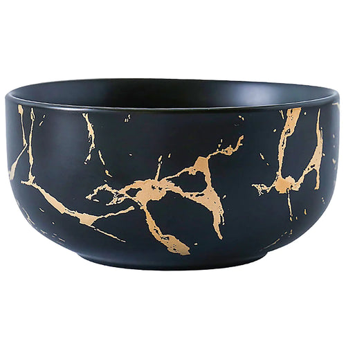 LUCCK Ceramic Cereal Bowl Marble Soup Bowl 17 OZ Ceramic Rice Bowl Luxury Gold Inlay Dessert Bowl Microwave and Dishwasher Safe for Oatmeal Snack (Black)