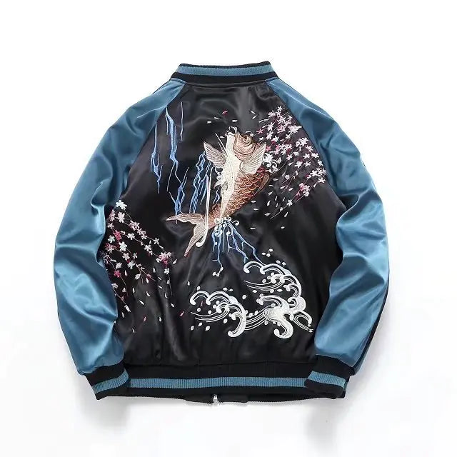 Embroidered Koi Short Baseball Jacket