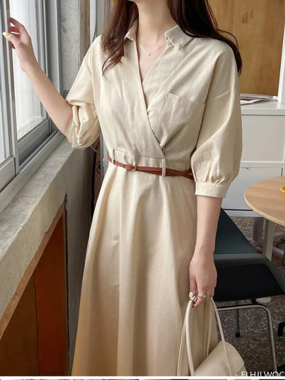 Japan Style Women Chic Casual Mini Shirt Dress with Belt