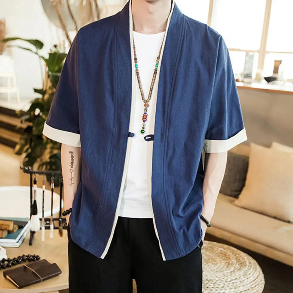Japanese Style Men’s Cardigan Jacket with Color Panels