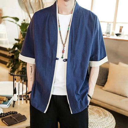 Japanese Style Men’s Cardigan Jacket with Color Panels