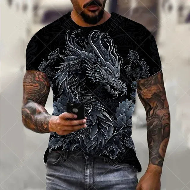Men's Oversized 3D Printed Dragon T-Shirt - Casual Streetwear