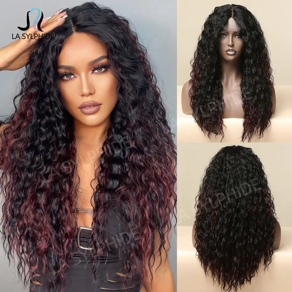 Black Ombre Long Curly Wig with Lace Front (Japan Fiber)