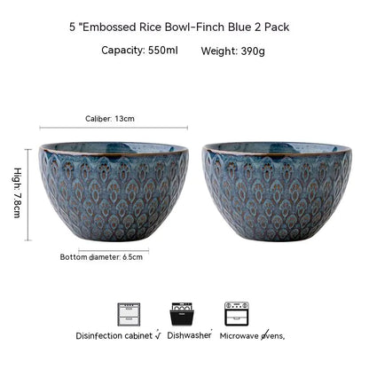 5-Inch Ceramic Peacock Relief Rice Bowl for Household Use