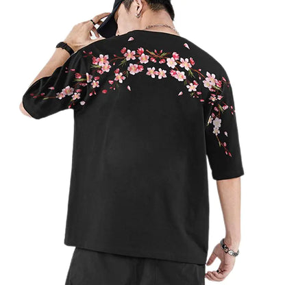 Japan Style Sakura Embroidery Men's Floral T-Shirt