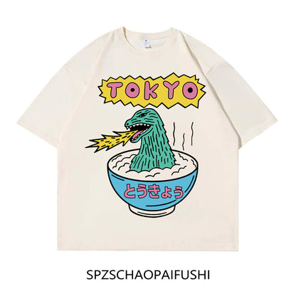 Cartoon Tokyo Dinosaur Print Short Sleeve T-Shirt