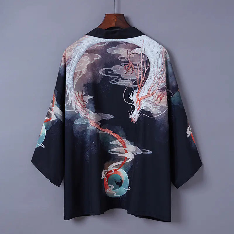 Japanese Style Kimono Cardigan with Ukiyo-e Dragon Print