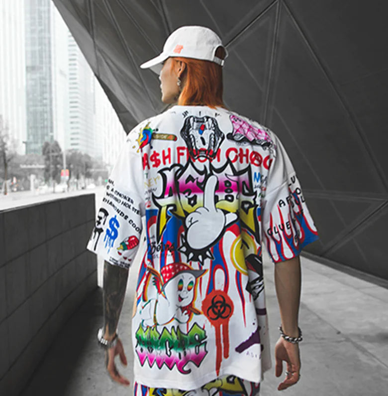Men's Loose Fit Graffiti Print Short Sleeve T-Shirt