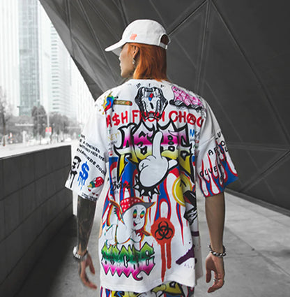 Men's Loose Fit Graffiti Print Short Sleeve T-Shirt