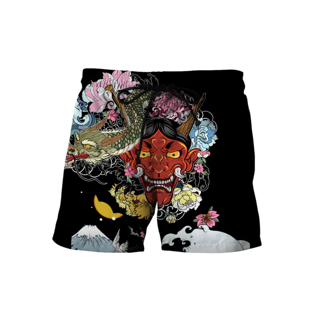 3D Samurai and Dragon Tattoo All Over Printed Shorts