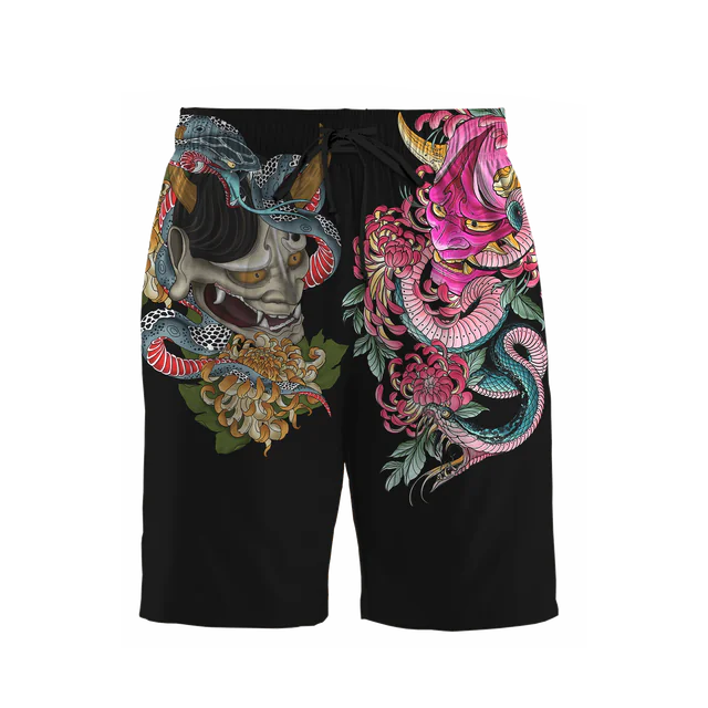 3D Samurai and Dragon Tattoo All Over Printed Shorts