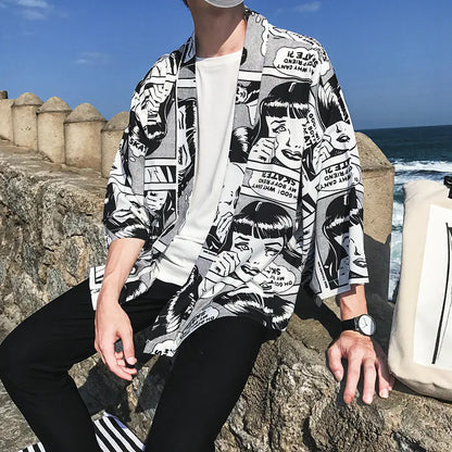 Cartoon Style Kimono Cardigan with 3/4 Sleeves