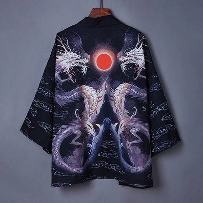 Japanese Style Kimono Cardigan with Ukiyo-e Dragon Print