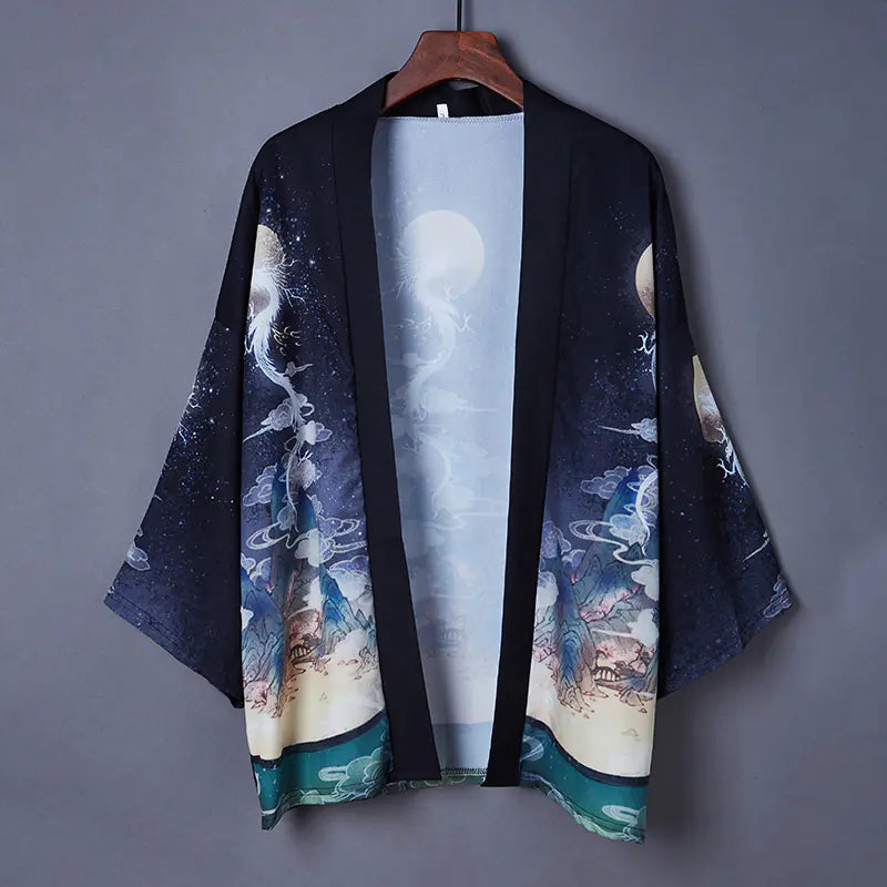 Japanese Style Kimono Cardigan with Ukiyo-e Dragon Print