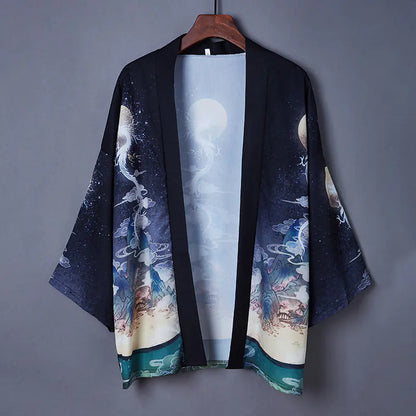 Japanese Style Kimono Cardigan with Ukiyo-e Dragon Print