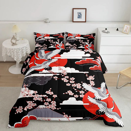 Japanese-Style Comforter Set Twin Size Crane Printed Cherry Blossoms Decor Down Comforter for Adult Women Girls Teens Japanese Traditional Pattern Quilted Duvet Ukiyoe Theme Bedding Comforters