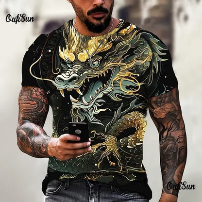 Men's Oversized 3D Printed Dragon T-Shirt - Casual Streetwear