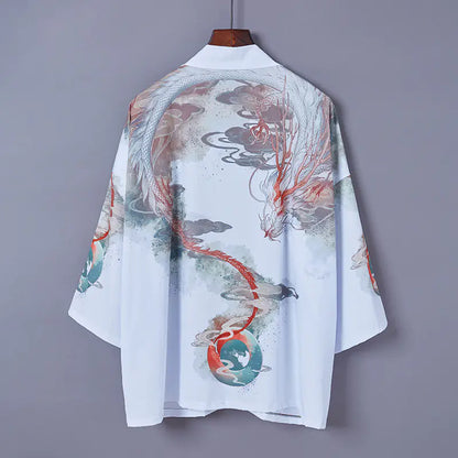Japanese Style Kimono Cardigan with Ukiyo-e Dragon Print