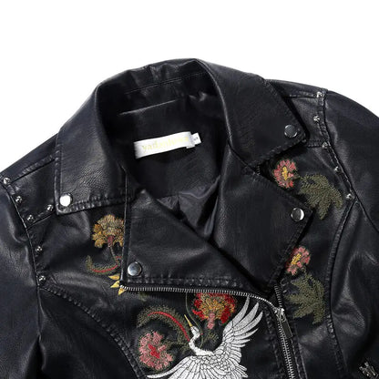 Embroidered Leather Jacket with Floral Design