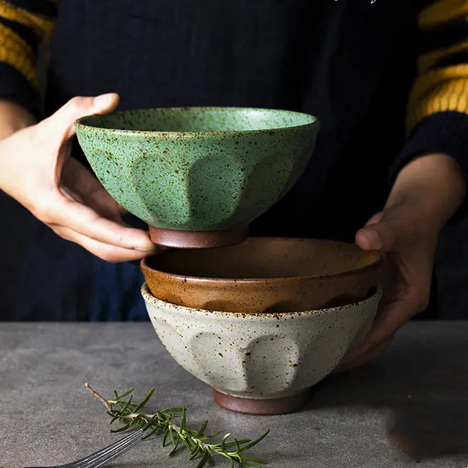 Japanese Handmade Stoneware Rice Bowl - Retro Style