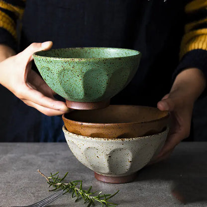 Japanese Handmade Stoneware Rice Bowl - Retro Style