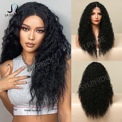Black Ombre Long Curly Wig with Lace Front (Japan Fiber)