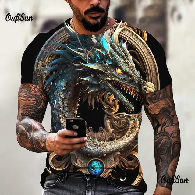 Men's Oversized 3D Printed Dragon T-Shirt - Casual Streetwear