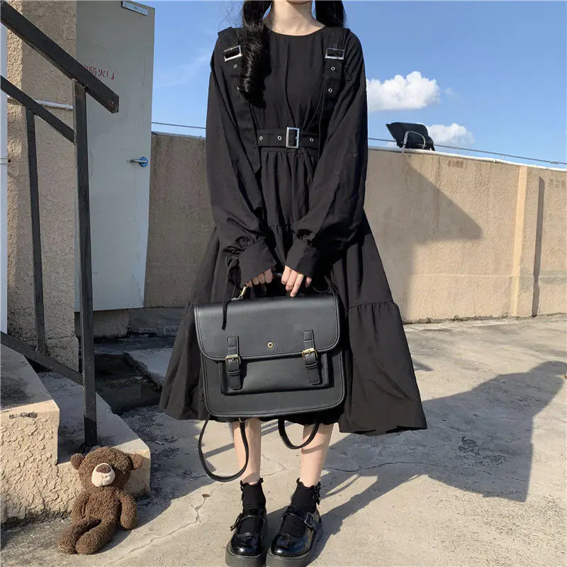 Japanese Style Long Sleeve Plus Size Black Dress