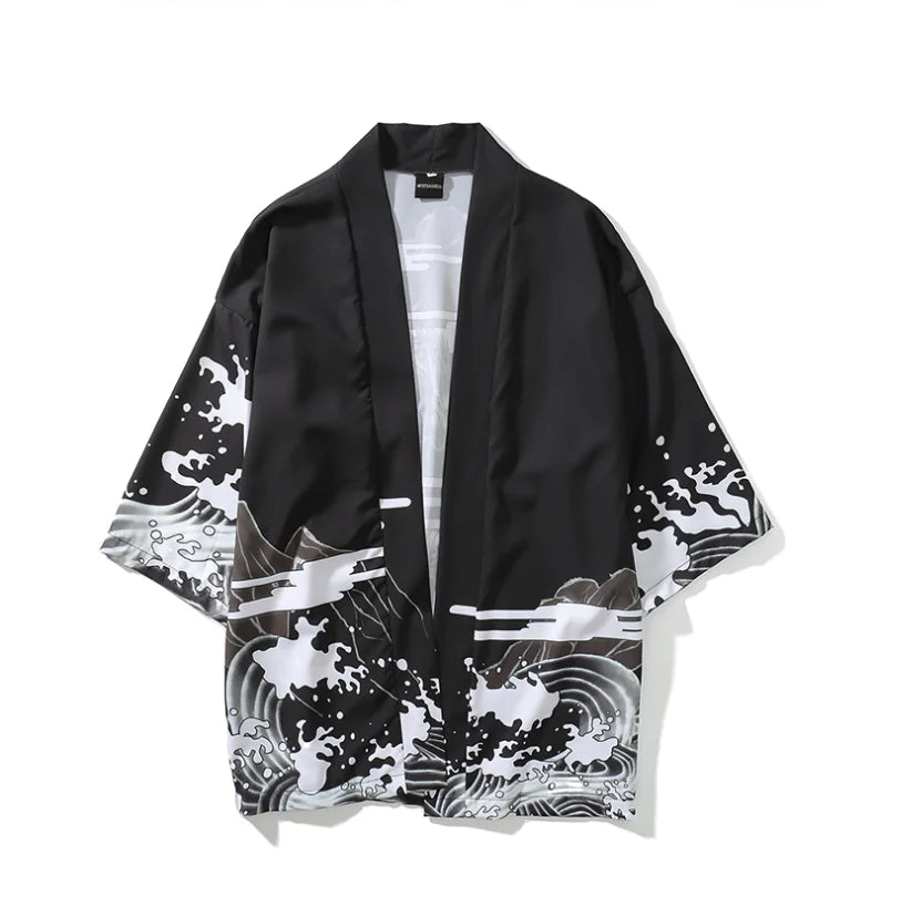 Retro Dark Ukiyo-e Kimono Cardigan with Wave Print