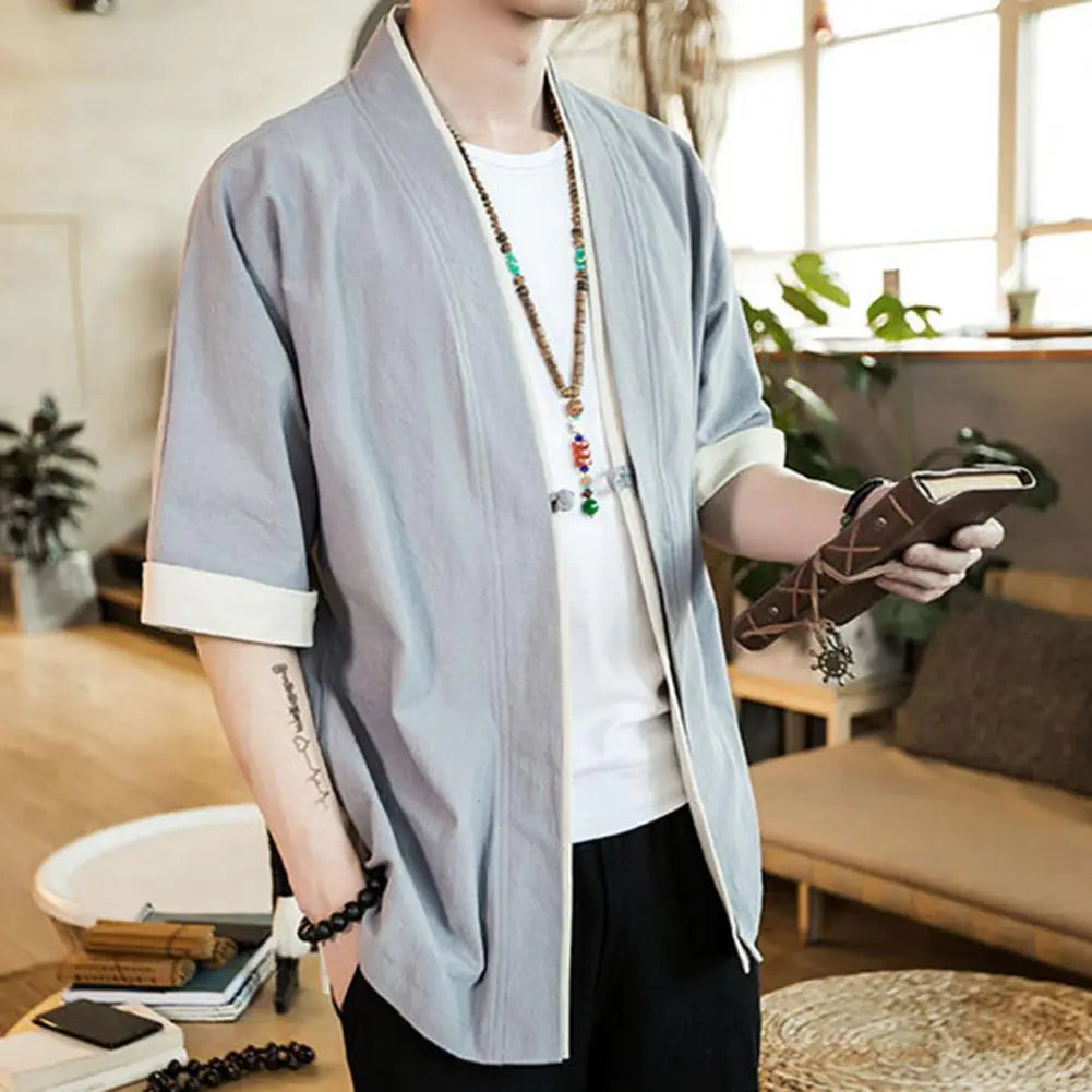 Japanese Style Men’s Cardigan Jacket with Color Panels