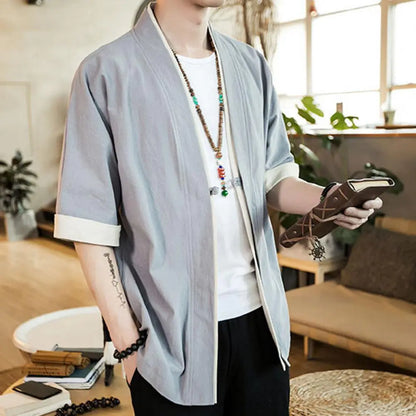 Japanese Style Men’s Cardigan Jacket with Color Panels