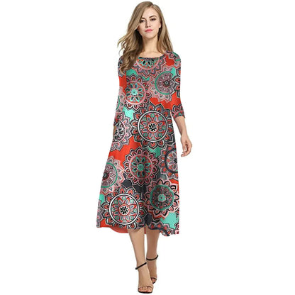 Elegant Printed Dress with Three-Quarter Sleeves