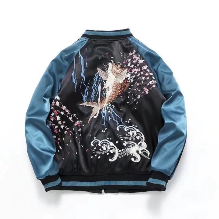 Embroidered Koi Short Baseball Jacket