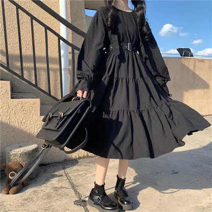 Japanese Style Long Sleeve Plus Size Black Dress