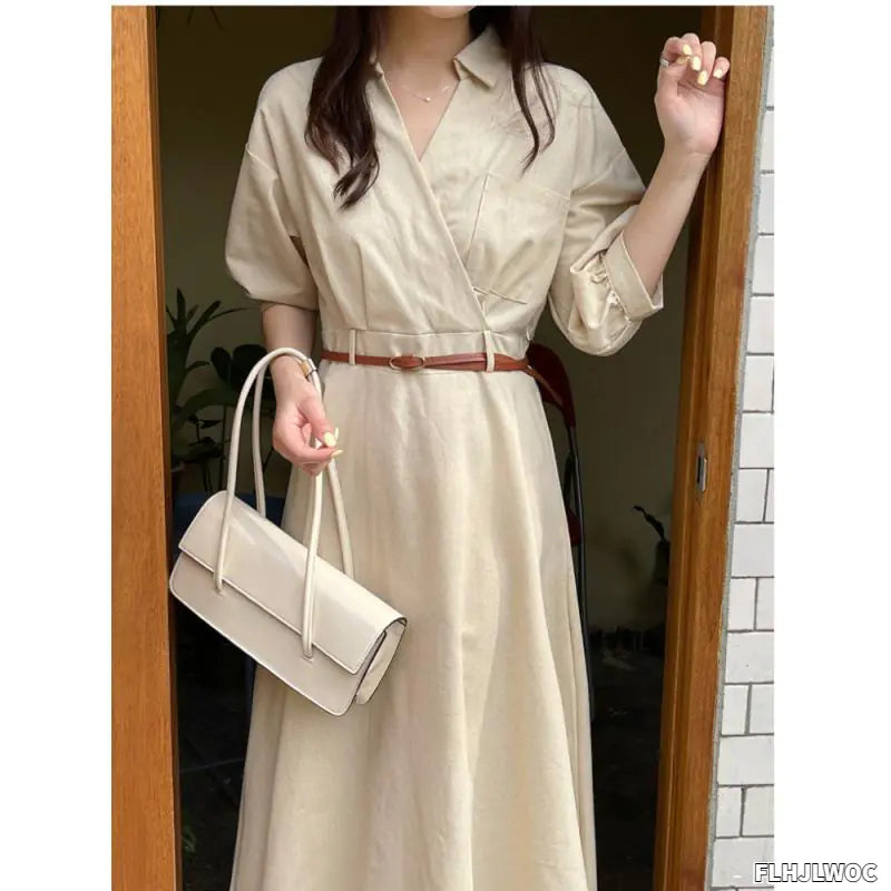 Japan Style Women Chic Casual Mini Shirt Dress with Belt
