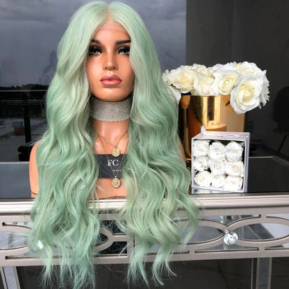 Mid-Length Curly Green Wig for Women - European Style