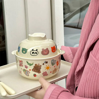 Kawaii Ceramic Cartoon Rice Bowl with Lid