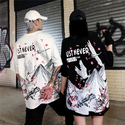 Men's Hip Hop T-Shirt with Sakura Crane Design