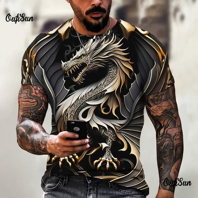 Men's Oversized 3D Printed Dragon T-Shirt - Casual Streetwear
