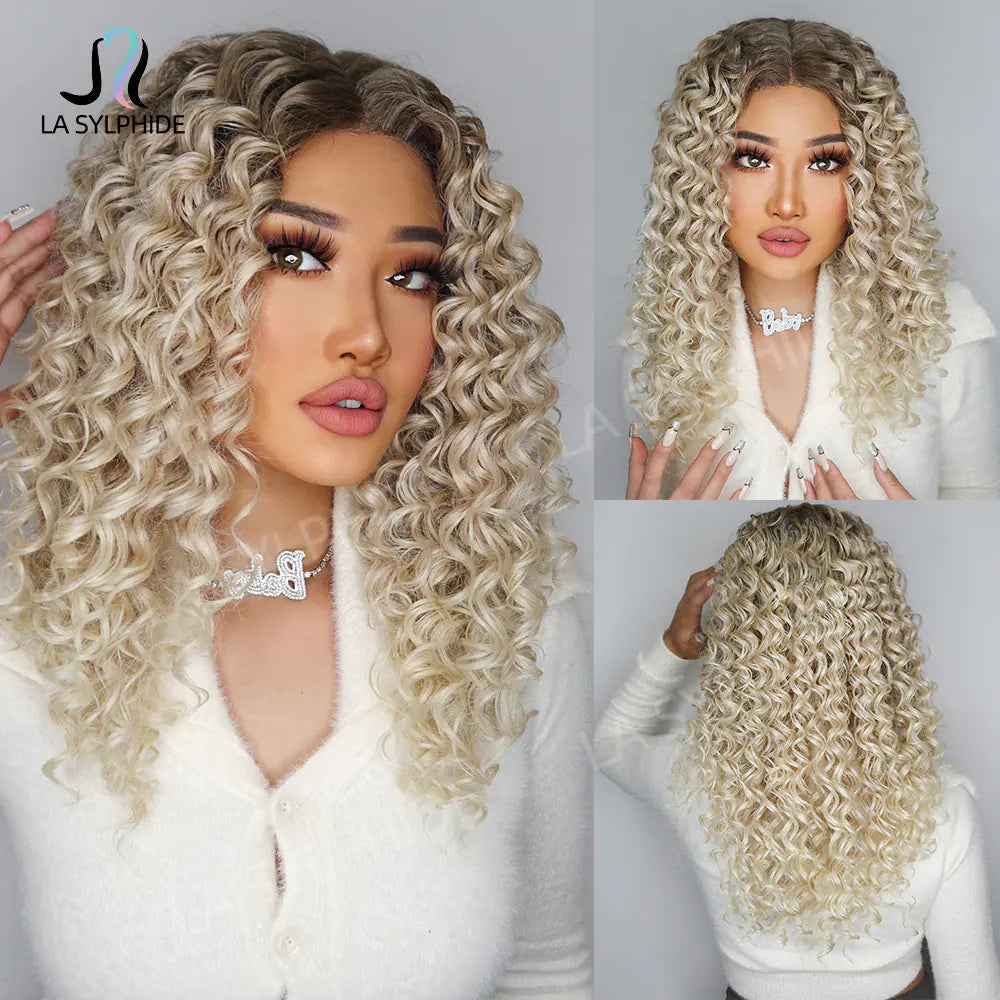 Black Ombre Long Curly Wig with Lace Front (Japan Fiber)