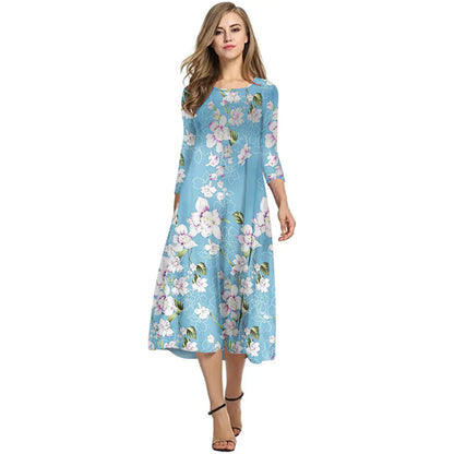 Elegant Printed Dress with Three-Quarter Sleeves