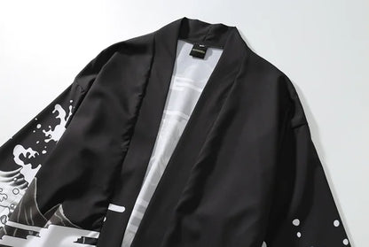 Retro Dark Ukiyo-e Kimono Cardigan with Wave Print