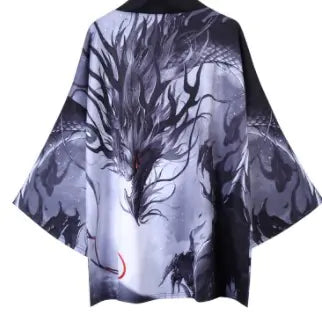 Japanese Style Kimono Cardigan with Ukiyo-e Dragon Print