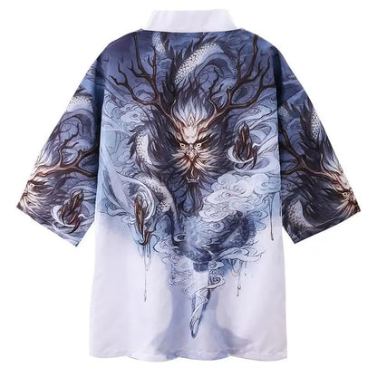 Japanese Style Kimono Cardigan with Ukiyo-e Dragon Print