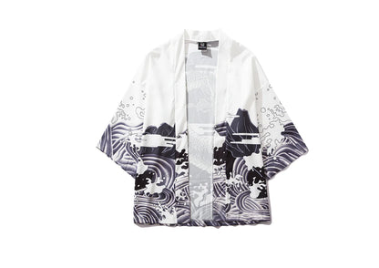 Retro Dark Ukiyo-e Kimono Cardigan with Wave Print
