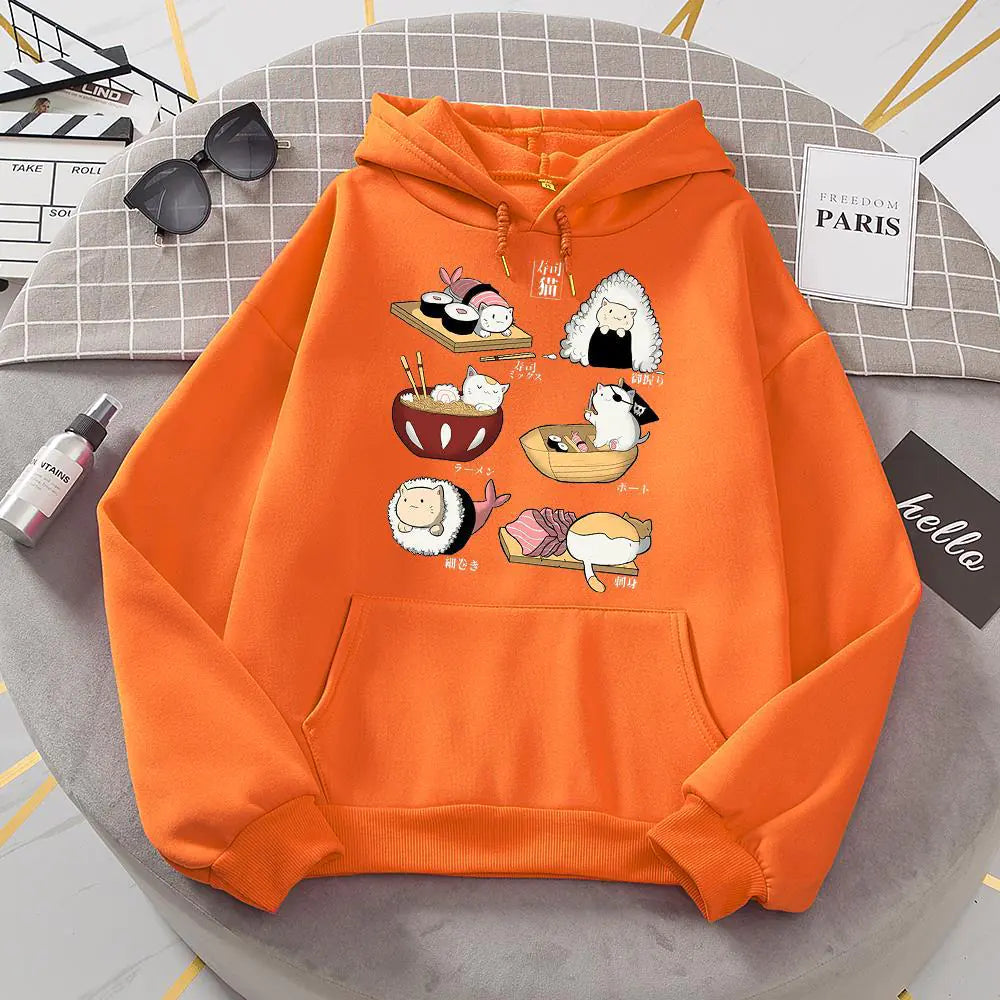 Cute Sushi Rice Ball Kitten Hooded Fleece Sweater