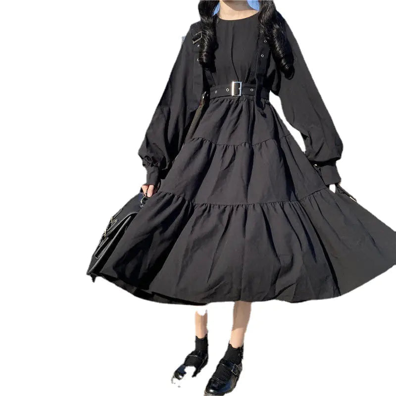 Japanese Style Long Sleeve Plus Size Black Dress